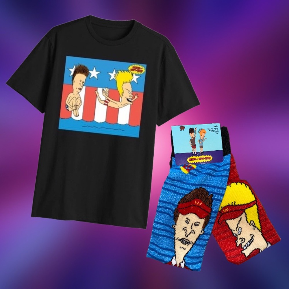Unisex Beavis & Butthead Patriotic Black Graphic Tee (M) & Crew Socks Bundle NWT